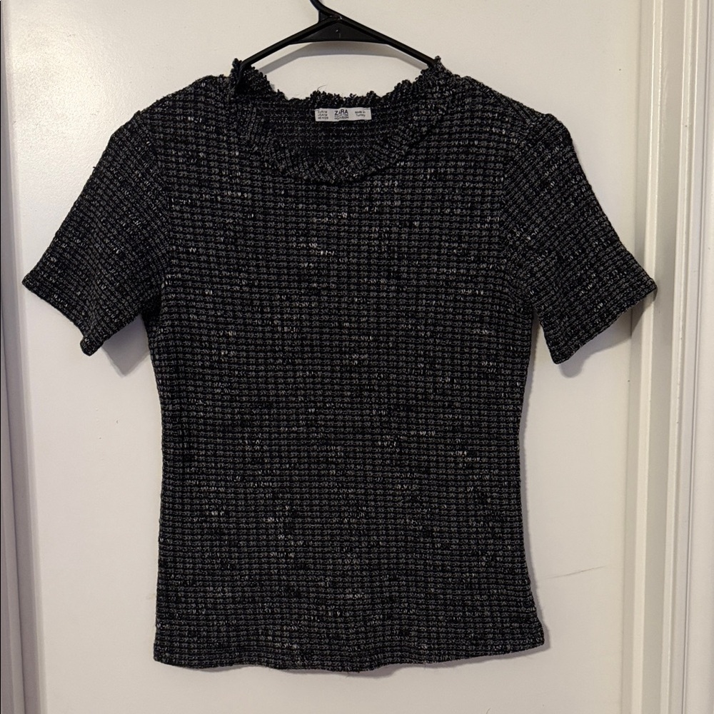 Zara Black Tweed Short-Sleeve Knit Top